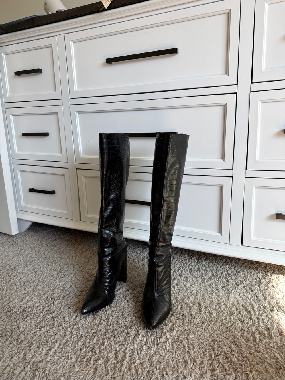 Black Croc-Embossed Knee-High Boots - Unbranded